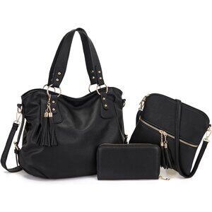 Women Purse and Wallet Set 3PCS Black PU Leather Large Hobo Crossbody